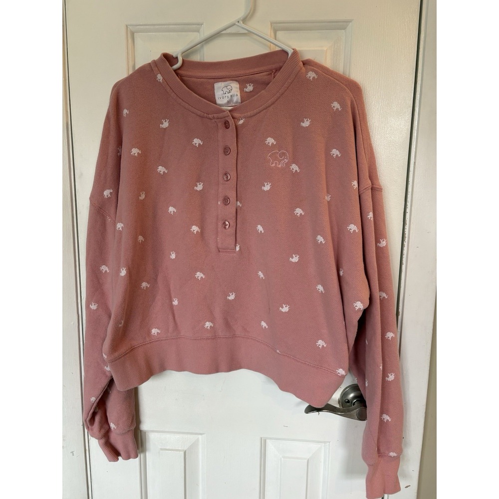 Ivory Ella Pink Elephant Print Pullover Sweatshirt Women's Large Crew Neck